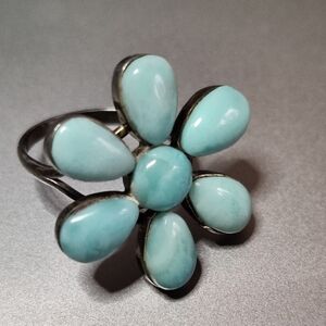 Vintage genuine larimar stone daisy flower ring